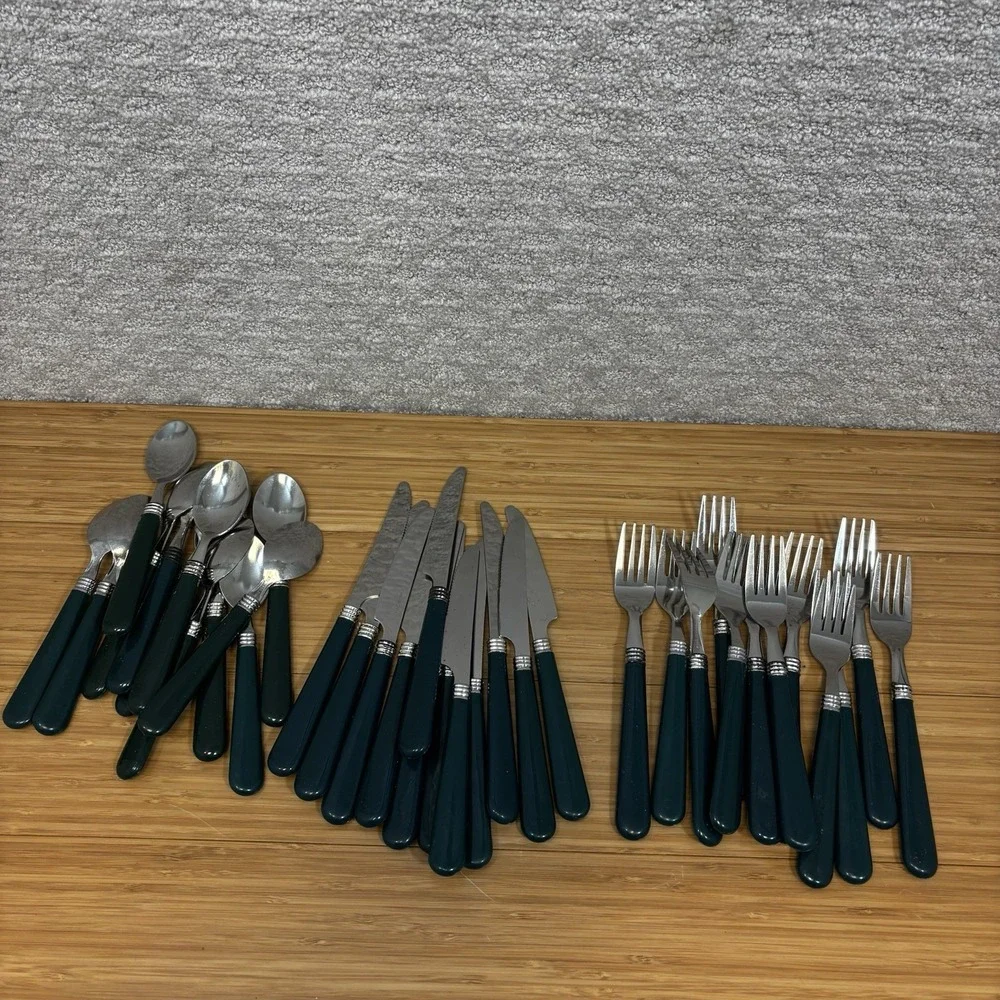 Set of 36 Green Handle Flatware Silverware 12 Forks 12 Spoons 12 Butter Knives